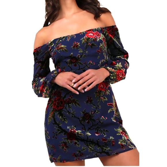 Lulus Magnificent Charm Navy Floral Burnout Velvet Off-the-Shoulder Dress Siz S - Picture 10 of 12